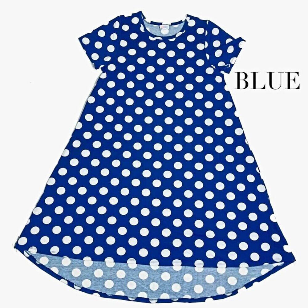 NEW S LuLaRoe Carly Blue White Polka Dot Swing Dress High Low Flowy Short Sleeve